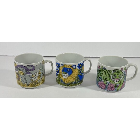 SI Japan Coffee Cup Mugs Tiger Lion Water Buffalo Animals Vintage Retro Drink - Picture 7 of 11